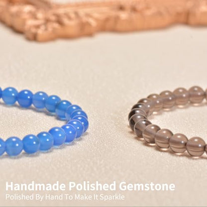 2PCS Agate Bracelet for Women Men Natural Round Beaded Agates Stone Healing Stretch Bracelets Elastic Handmade Polished Gemstone Beads Bracelet - color: Blue+Grey Obsidian, size: 6mm Beads