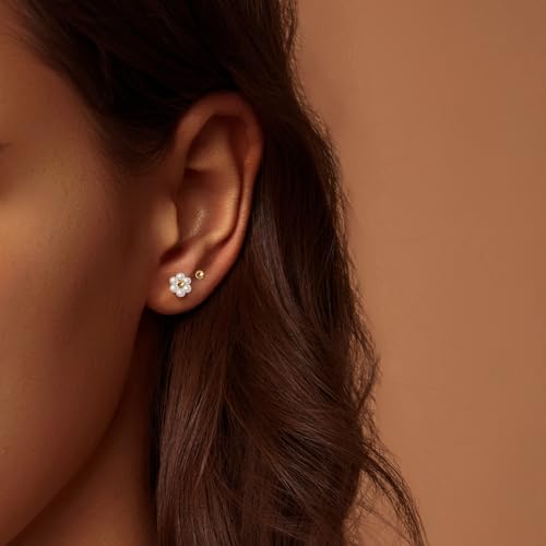 IMBOS Pearl Earrings 14k Gold Plated Daisy Flower Stud Earrings for Women Ball Stud Flat Back Earring Hypoallergenic Statement Earring Trendy Jewelry Gift for Women - color: Gold-Pearl Ball