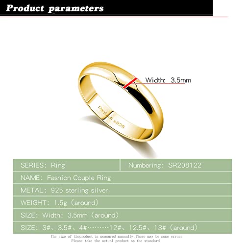 Dankadi Simple Fashion S925 Sterling Silver Ring Smooth Plain Dome Comfort Solid Silver Wedding Ring For Men & Women 3.5 mm 3-13# 24k Real Gold Plated Jewelry - color: Simple style gold
