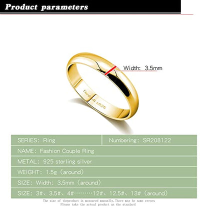 Dankadi Simple Fashion S925 Sterling Silver Ring Smooth Plain Dome Comfort Solid Silver Wedding Ring For Men & Women 3.5 mm 3-13# 24k Real Gold Plated Jewelry - color: Simple style gold