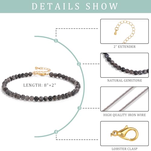 Natural Stone Beaded Anklets for Women, Handmade Boho Clear Quartz 4mm Crystal Beads Anklet, Gold Chain Adjustable Ankles Bracelet, Beach Summer Jewelry Gemstone Foot Bracelet Gift - color: Labradorite