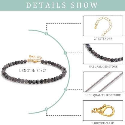 Natural Stone Beaded Anklets for Women, Handmade Boho Clear Quartz 4mm Crystal Beads Anklet, Gold Chain Adjustable Ankles Bracelet, Beach Summer Jewelry Gemstone Foot Bracelet Gift - color: Labradorite