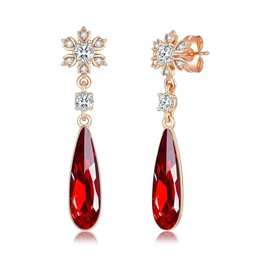 Austrian Crystal Teardrop Earrings Flower Dangle Earrings for Women 14K Gold Plated Drop Stud Earrings Hypoallergenic Jewelry - color: Red