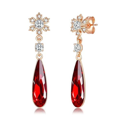 Austrian Crystal Teardrop Earrings Flower Dangle Earrings for Women 14K Gold Plated Drop Stud Earrings Hypoallergenic Jewelry - color: Red