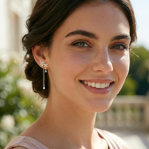 SLUYNZ 925 Sterling Silver Dainty CZ Flowers Wrap Earrings Dangle Chain for Women Elegant Dangling Earrings Bridal Earrings Wedding Engagement Drop Earrings Prom Engagement Party Jewelry - color: C-18K Gold Plated