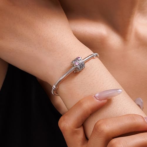KEQ Clip Spacer Charm for Bracelet 925 Silver Pave Cubic Zirconia Clip Lock Stopper Bead Spacer For Women Bracelets Stopper Birthday Gifts European Openable Beads 2pcs - color: Pink Heart