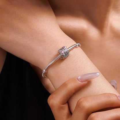 KEQ Clip Spacer Charm for Bracelet 925 Silver Pave Cubic Zirconia Clip Lock Stopper Bead Spacer For Women Bracelets Stopper Birthday Gifts European Openable Beads 2pcs - color: Pink Heart