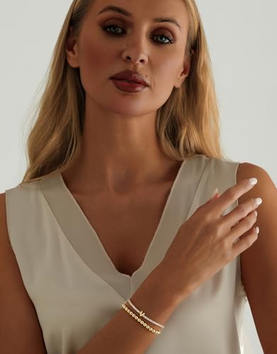 14K Gold Plated Bracelets for Women Dainty Tennis Initial Bracelet Trendy Beaded Stackable Charm Bracelets Layered Waterproof Bracelet Dainty Bracelet for Women Jewelry Gifts - style: V