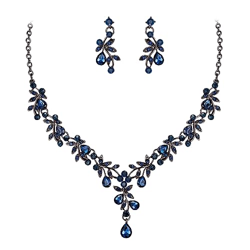 BriLove Wedding Jewelry Set for Women Bride, Y-Necklace Dangle Earrings Crystal Teardrop Leaf Flower Cluster Bridal Bridesmaid - color: 08-Sapphire Color
