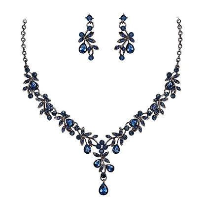 BriLove Wedding Jewelry Set for Women Bride, Y-Necklace Dangle Earrings Crystal Teardrop Leaf Flower Cluster Bridal Bridesmaid - color: 08-Sapphire Color