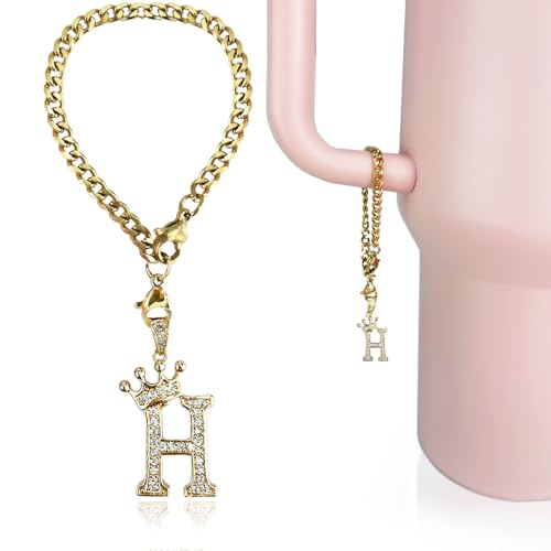 Cup Charms for Stanley Handle- Crown Letter Charms Accessories for Stanley Handle 40 Oz Tumblers Gold Initial Keychain Water Bottle Cup with Diamond Glitter Jewelry Personalized Decorations H - color: Letter H