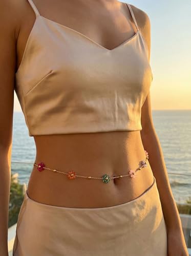 Cute Flower Beaded Ball Waist Chain Belt for Women Stainless Steel Bead Daisy Flowers Adjustable Waist Summer Beach Party Bikini Belly Chains 18K Gold Plated Fashion Jewelry Body Accessories 31.5"+ 4"