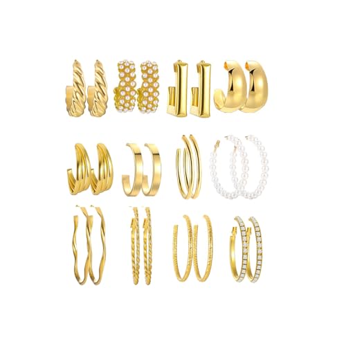 Gold Hoop Earrings Set for Women, Fashion Chunky Pearl Earrings Multipack Twisted Statement Earring Pack, Hypoallergenic Small Big Hoops Earrings for Birthday Party - color: Gold-12 Pairs