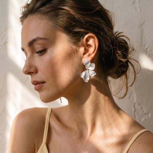 Chunky Gold Plated Flower Statement Drop Earrings for Women | Hypoallergenic 18K Gold Plated Textured Petal Wing, Large Statement Dangle Earrings for Wedding Party - color: silver