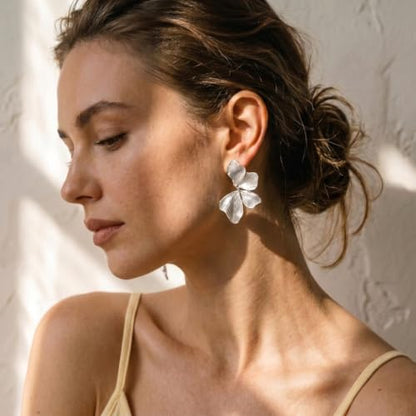 Chunky Gold Plated Flower Statement Drop Earrings for Women | Hypoallergenic 18K Gold Plated Textured Petal Wing, Large Statement Dangle Earrings for Wedding Party - color: silver