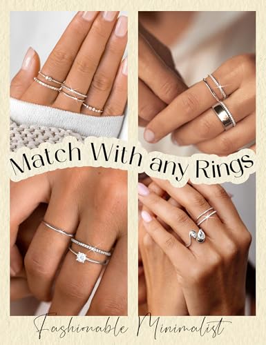 MILACOLATO 2Pcs Solid 925 Sterling Silver Rings for Women 1.3mm Thin Non Tarnish White Gold Plated Plain Thumb Stackable Rings Half Cubic Zirconia Wedding Eternity Band Rings Size 5-10 - color: Silver