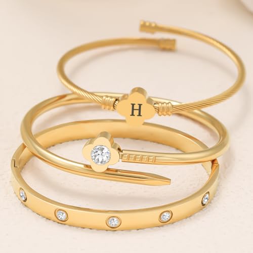 14K Gold Plated Personalized Flower Bracelet Set with Initial Charm Trendy Stackable Jewelry for Women - style: style1 H