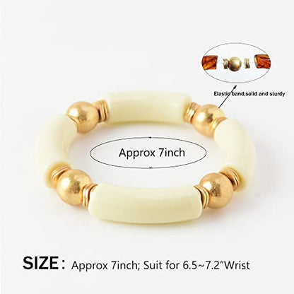 LALAPPLE Gold Plated Beaded Acrylic Bamboo Tube Bangle Bracelets for Women, Colorful Chunky Curved Tube With Gold Plated Pieces Beads Stretch Bracelet Friendship Summer Beach Jewelry - color: A-Ivory