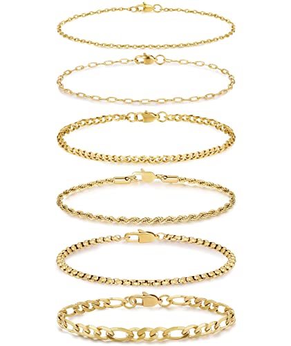 Honsny 6PCS Stainless Steel Bracelets for Women Men,14K Gold Plated Cuban Link Paperclip Chain Bracelet Dainty 6.3/7/7.8/9.5 Inch Stainless Steel Bracelet Set Fashion Jewelry - color: Gold, size: 7 Inches