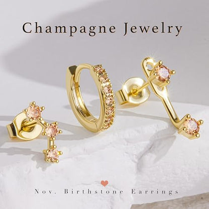 3 Pairs Dainty Small Earrings Set for Women Trendy, Birthstone Stud Huggie Hoop Jacket Stack for Cartilage Helix, Gold Plated Hypoallergenic Cute Women Fashion Accessories Western Jewelry Gifts - color: 11Champagne-Nov (Gold)