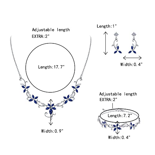 Crysdue Flower Leaf Wedding Jewelry Set for Bridal Bridemaid, Cubic Zirconia Teardrop Elegant Silver/14K/Rose Gold Plated Vine Necklace Dangle Earrings for Prom Party - style: B_Three Set Blue