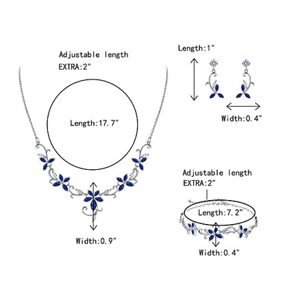 Crysdue Flower Leaf Wedding Jewelry Set for Bridal Bridemaid, Cubic Zirconia Teardrop Elegant Silver/14K/Rose Gold Plated Vine Necklace Dangle Earrings for Prom Party - style: B_Three Set Blue