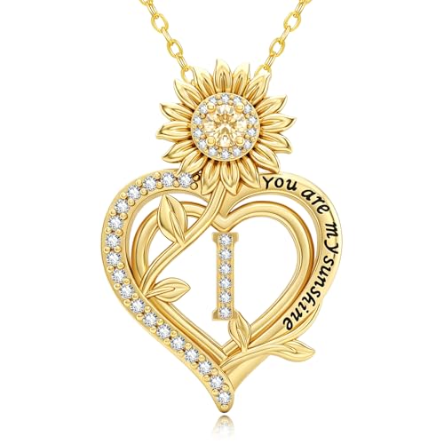 14K Gold Sunflower Initial Necklaces for Women | Heart Letter Pendant You Are My Sunshine Jewelry Gifts - style: I