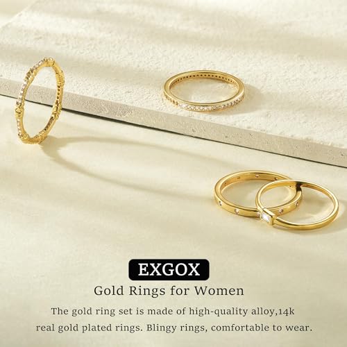 EXGOX Dainty Stackable Gold Rings - 14K Gold Plated, Non Tarnish Cubic Zirconia Stacking & Thumb Knuckle Rings (4pcs Size 7-11) - color: 4Pcs Thin Rings, size: 11