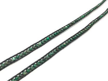 Handmade Alloy Leather Natural Stone Bead Statement Bracelet Bangle Cuff Rope 3 Wrap Adjustable Jewelry Collection - color: Dark Green Sea Sediment Jasper & Black Leather Cord
