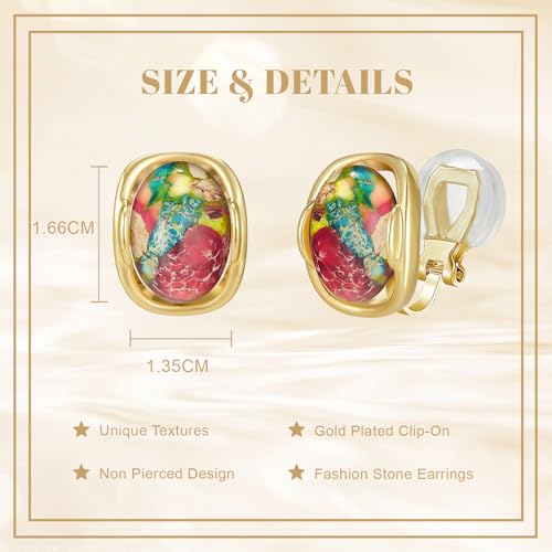 YOQUCOL Natural Stone Trendy Clip On Stud Earrings for Women Gold Plated Non Pierced Statement Earrings Fashion Jewelry - color: Oval-Colorful