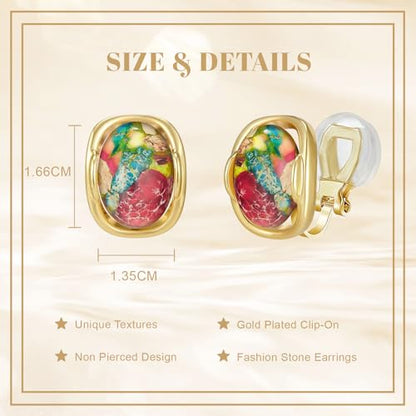 YOQUCOL Natural Stone Trendy Clip On Stud Earrings for Women Gold Plated Non Pierced Statement Earrings Fashion Jewelry - color: Oval-Colorful