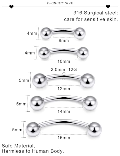 20G 16G 14G 12G Eyebrow Ring Piercing Jewelry Surgical Steel Vertical Labret Lip Ring Rook Daith Earrings Navel Small Tiny Belly Button Ring Piercing Jewelry for Women Men Silver Black Gold - color: Silver, size: 12G