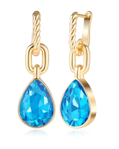 Crystals Teardrop Dangle Drop Earrings, 18K Gold Plated Hoop Earrings Zirconia Jewelry for Women Gifts - color: Blue-Long