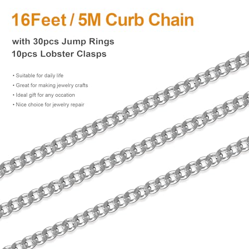 Kyutong Twist Curb Link Chain Bulk Silver Jewelry Making Chain Supplies | 16.4 Feet Stainless Steel Chain Roll Silver Jewelry Craft DIY Chain Links for Necklace Bracelet Making with Clasps - color: Silver Curb
