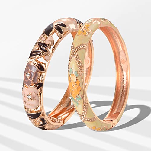 UJOY Cloisonne Bangle Colorful Enamel Filigree Rose Flower Hollowed Crystal Bracelet for Women Gifts 88A09 - color: A10-2 Pcs Set/Rose-Black and Yellow