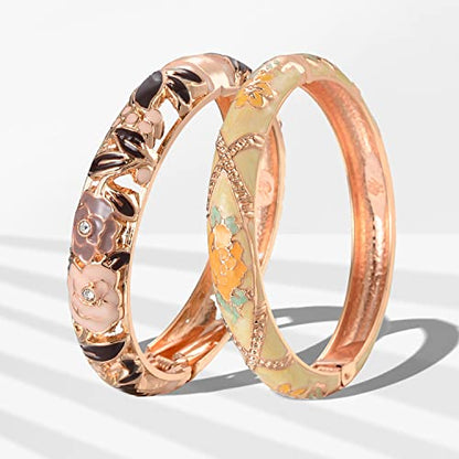 UJOY Cloisonne Bangle Colorful Enamel Filigree Rose Flower Hollowed Crystal Bracelet for Women Gifts 88A09 - color: A10-2 Pcs Set/Rose-Black and Yellow