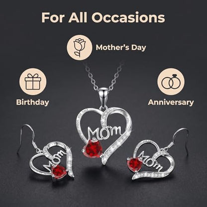Mother's Day Heart Necklace and Earrings Set – Jewelry Set with Red Artificial Ruby Heart,Simulated Diamonds Accents & Mom Engraving –Gifts for Mom from Daughter or Son