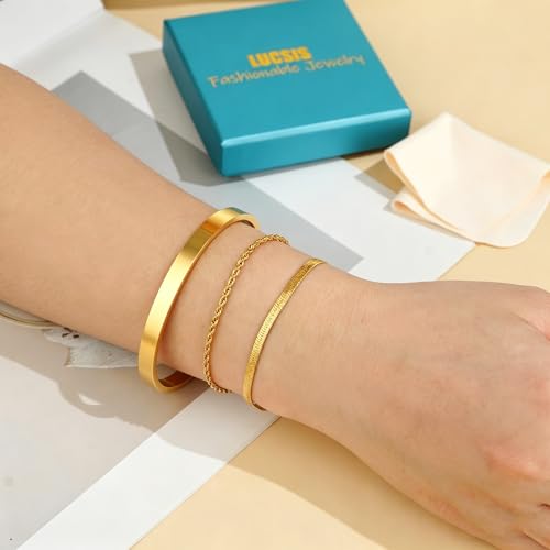 Waterproof Gold Bangle Bracelet sets for Women, 18K Gold PVD Plated Stainless Steel Stackable Bracelets Non Tarnish Oval Design, Minimalist Trendy Premium Jewelry - color: Gold 3pcs