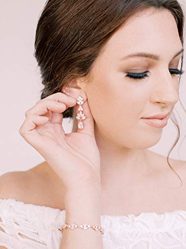 SWEETV Teardrop Wedding Earrings for Brides Birdesmaid | Crystal Cubic Zirconia Bridal Drop Earrings for Women Prom - color: Rose Gold