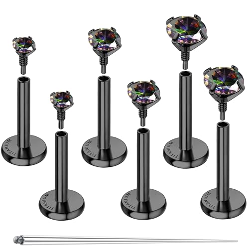 G23 Implant Grade Titanium Flat Back Earrings 16G/18G/20G | 3 Pairs Astm F136 Hypoallergenic Flatback Earrings Internally Threaded Studs for Nose, Helix, Tragus, Conch, Labret Piercing - color: Black, size: 16G(1.2MM) Bar-6/7/8mm & CZ-2/3/4mm