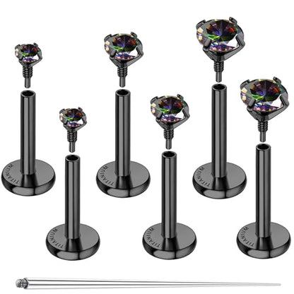 G23 Implant Grade Titanium Flat Back Earrings 16G/18G/20G | 3 Pairs Astm F136 Hypoallergenic Flatback Earrings Internally Threaded Studs for Nose, Helix, Tragus, Conch, Labret Piercing - color: Black, size: 16G(1.2MM) Bar-6/7/8mm & CZ-2/3/4mm