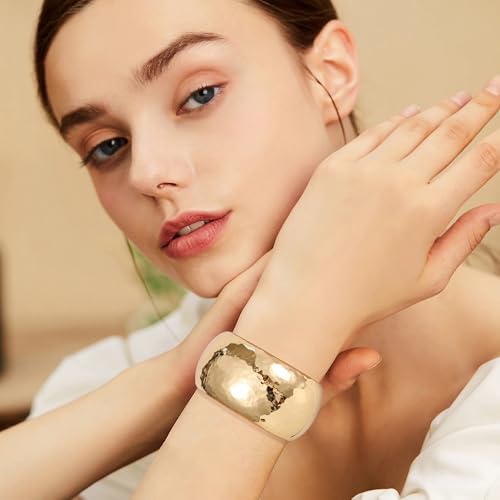 NICEIGHT 18K Gold Plated Chunky Bangle Bracelets for Women Gold Wide Cuff Bangle Bracelet Hammered Minimalist Thick Gold Wrist Wrap Bracelets - color: Gold Thick Hammered Bracelet