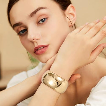 NICEIGHT 18K Gold Plated Chunky Bangle Bracelets for Women Gold Wide Cuff Bangle Bracelet Hammered Minimalist Thick Gold Wrist Wrap Bracelets - color: Gold Thick Hammered Bracelet