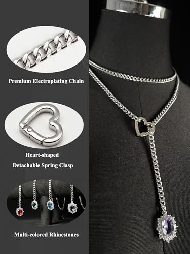 Women's Heart O-Ring Slip Chain Necklace, Double Layered Adjustable 39'' Cuban Chain with Detachable Heart Clasp and Colorful Rhinestone Pendant - color: 39'' Silver-Amethyst Purple
