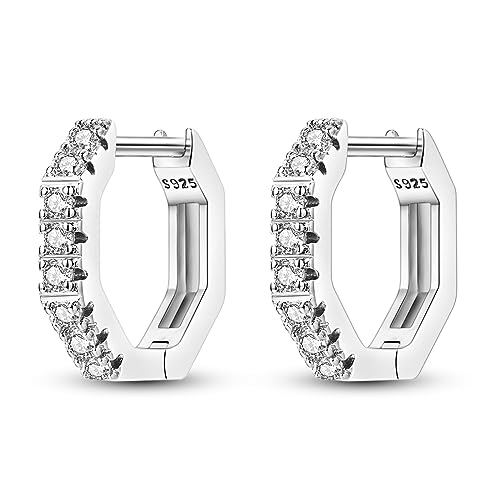 Parmuz 925 Sterling Silver Butterfly Huggies Hoop Earrings for Woman | Gold Plated Cubic Zirconia Star Moon cross Twisted huggie Hoop Post Chunky Small Tiny cuff Snake Heart Earring Gift for Her - color: Polygon earring