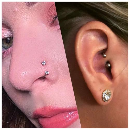 Horseshoe Nose Ring Surgical Steel Double Stud Nose Ring 16g Lip Rings Cubic Zirconia Daith Piercing Jewelry for Women Inner Diameter 6/8/10/12mm - color: 16g,inner DIA.6/8/10/12mm