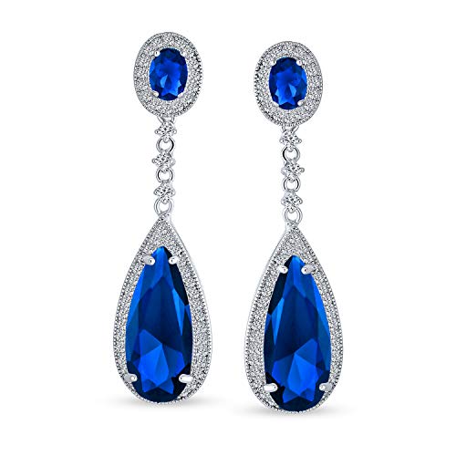 Long Cocktail CZ Halo Teardrop Chandelier Clip On Earrings Silver Plated - color: Blue