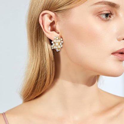 EVER FAITH Austrian Crystal White Simulated Pearl Bridal Cluster Pierced Stud Earrings - color: Clear Gold-Tone