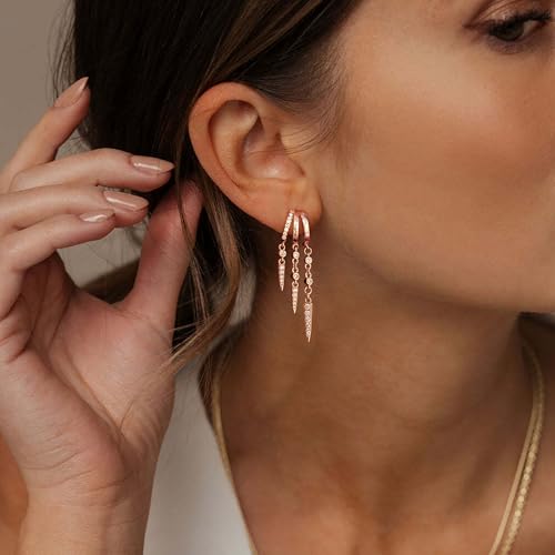 Dangle Earrings for Women,14k Gold Plated Triple Huggie Stud Earrings Cute Statement Chain Earring Dainty Drop Earrings for Women Trendy Gold Plated Jewelry - color: rose gold- dangle3