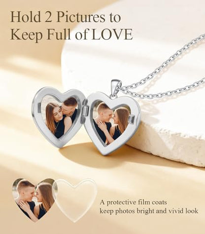 Heart Locket Necklace for Women - 16K Gold Silver Plated Photo Lockets Necklace that Hold 2 Pictures - Great Gift to Keepsake Full of Love and Remembrance, 16.8+2.2 Inch Extension Chain - color: Silver